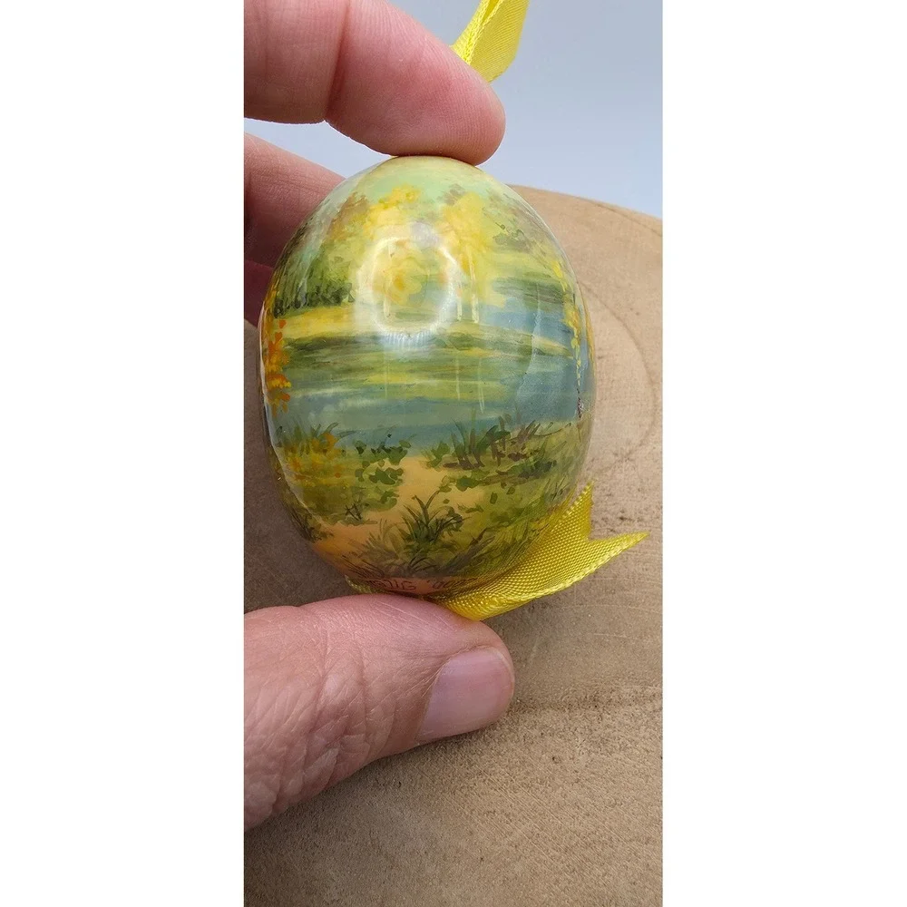Vintage 2000 Russian Hand Painted Lacquer Egg Ornament Birch Tree Landscape